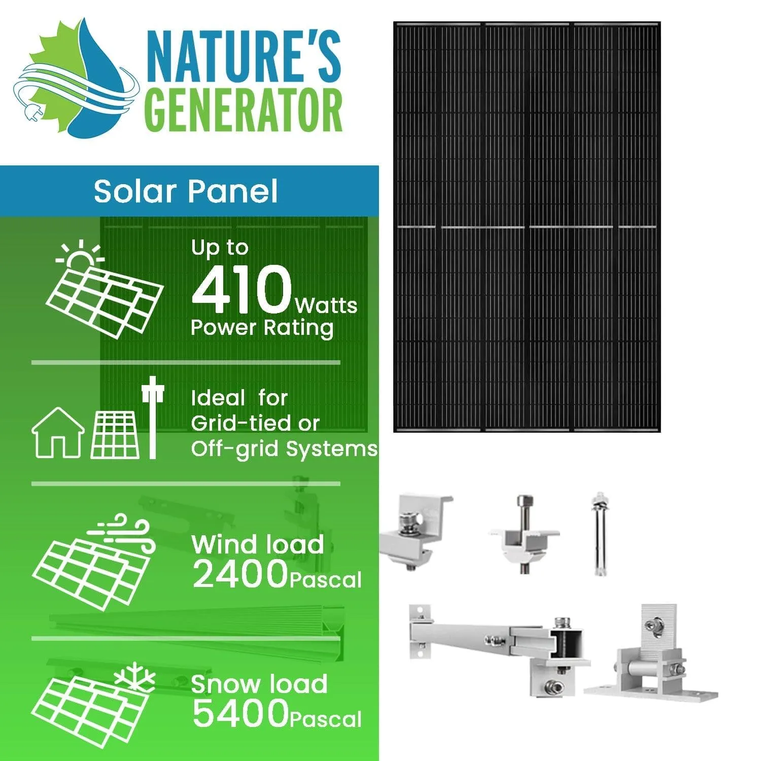 Nature's Generator - 410 Watt Monocrystalline Solar Panel (2 Pack) With Solar Panel Mount Rack