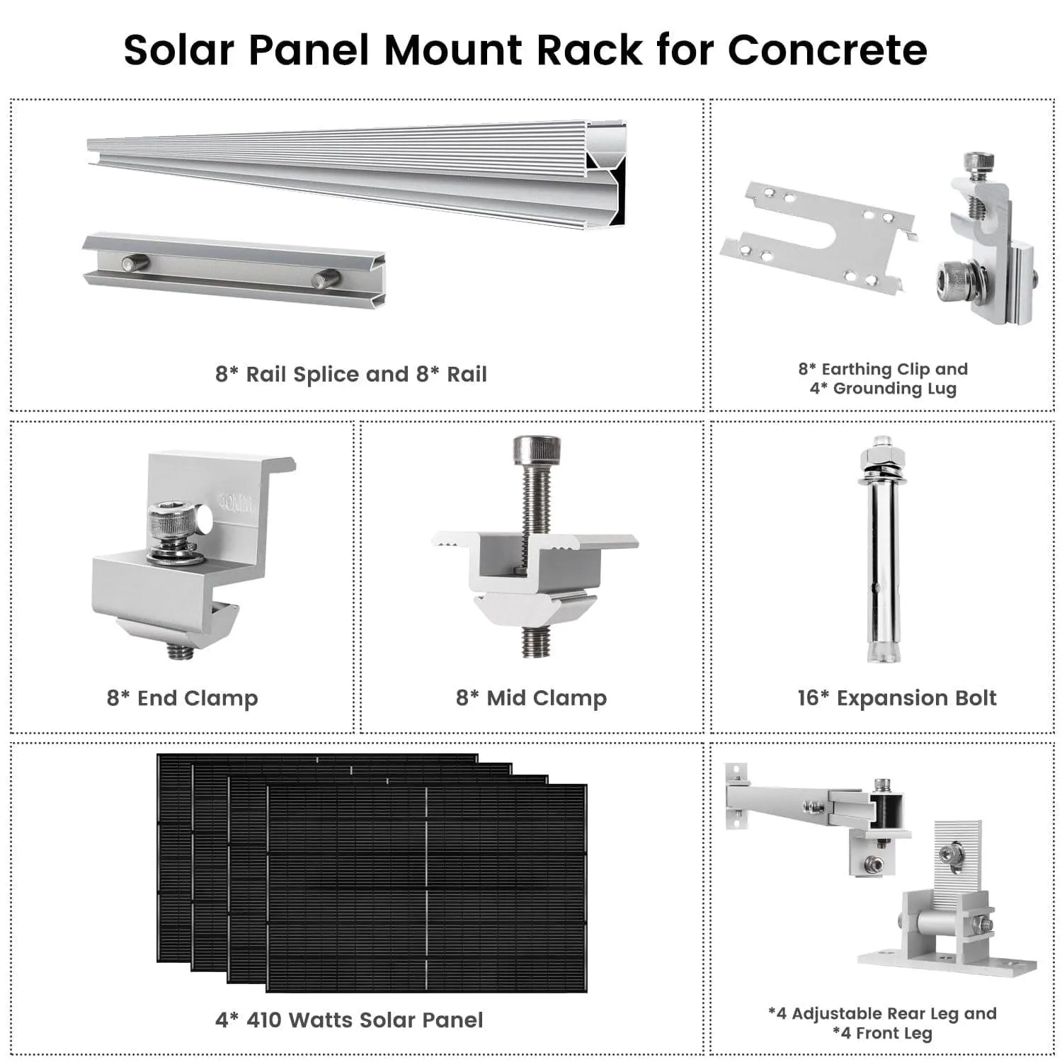 Nature's Generator - 410 Watt Monocrystalline Solar Panel (4 Pack) With Solar Panel Mount Rack