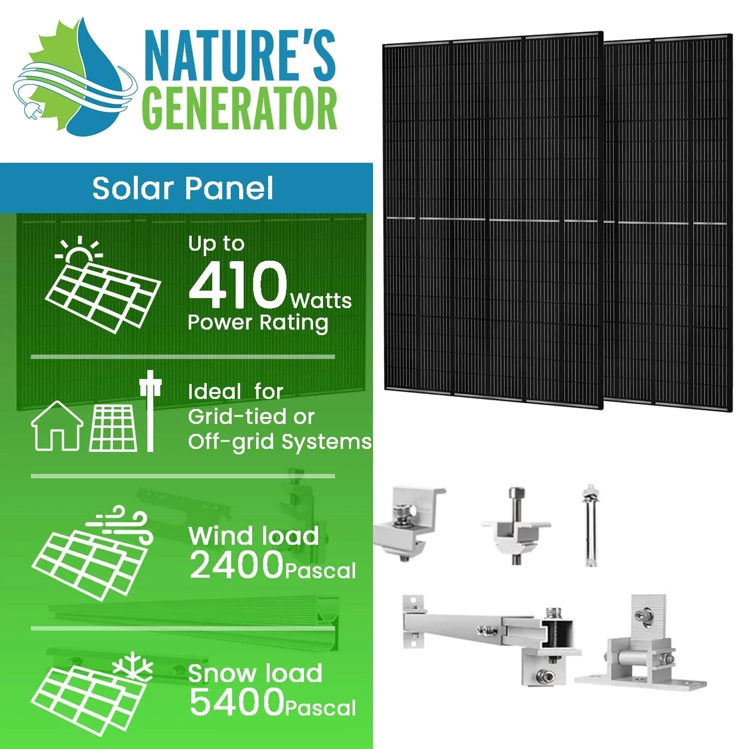 Nature's Generator - 410 Watt Monocrystalline Solar Panel (4 Pack) With Solar Panel Mount Rack